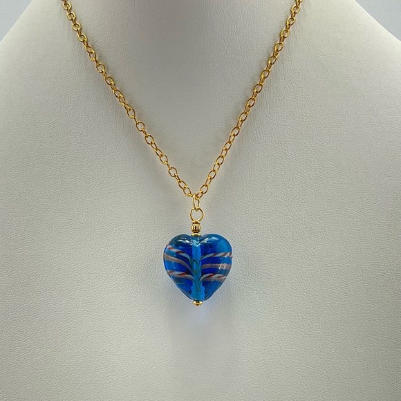 Blue Lamp Work Heart Pendant Necklace, Artisan Lamp Work Heart, Murano Italy - Picture 4 of 10
